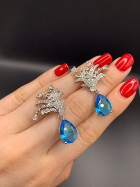 Crystal Teardrop Dangle Earrings in Bright Blue
